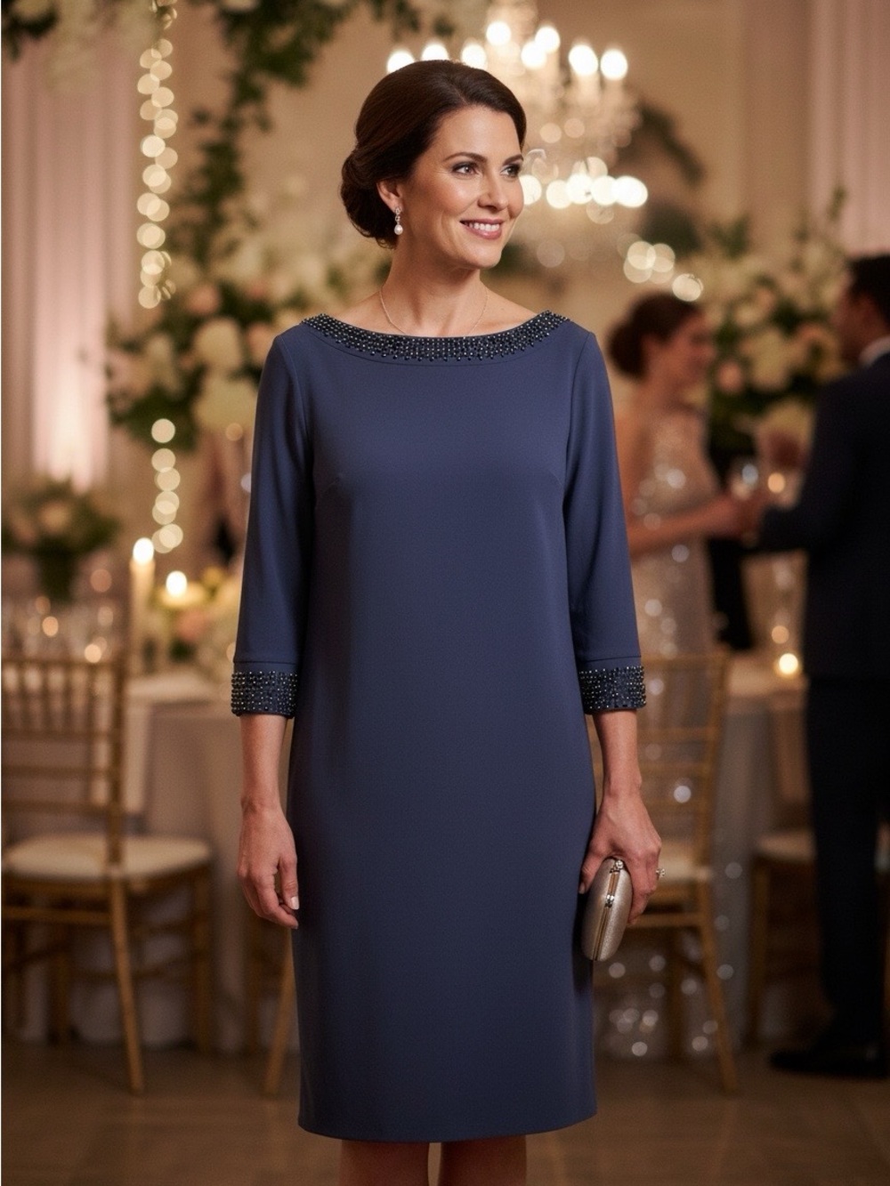 Tiana B. Navy-Gray Beaded-Trim Midi Dress